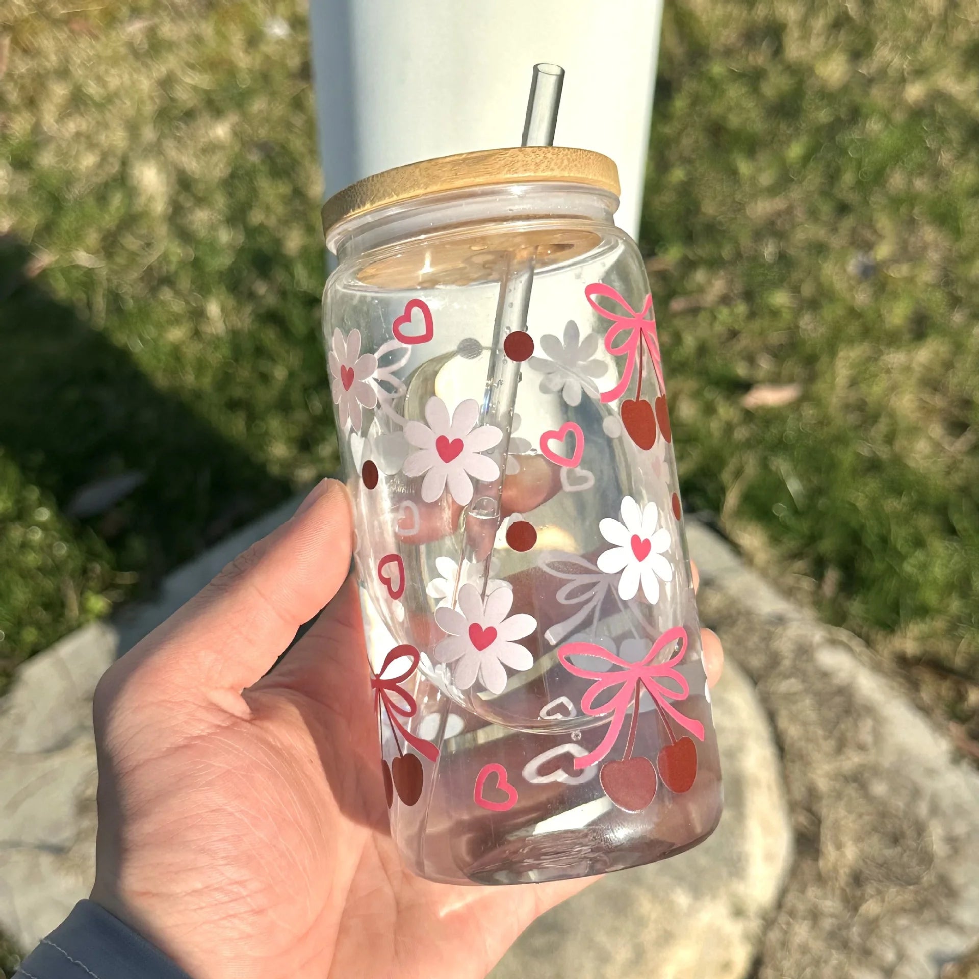 500ml Cute Bow Glass Cup Tumbler Mason Jar Shaped Water Bottle With Lids Straw Coffee Cups Party Gift for Iced Coffee Juice Cup