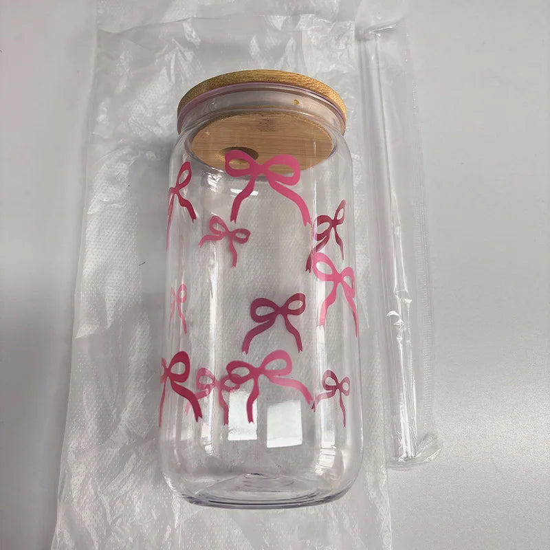 500ml Cute Bow Glass Cup Tumbler Mason Jar Shaped Water Bottle With Lids Straw Coffee Cups Party Gift for Iced Coffee Juice Cup