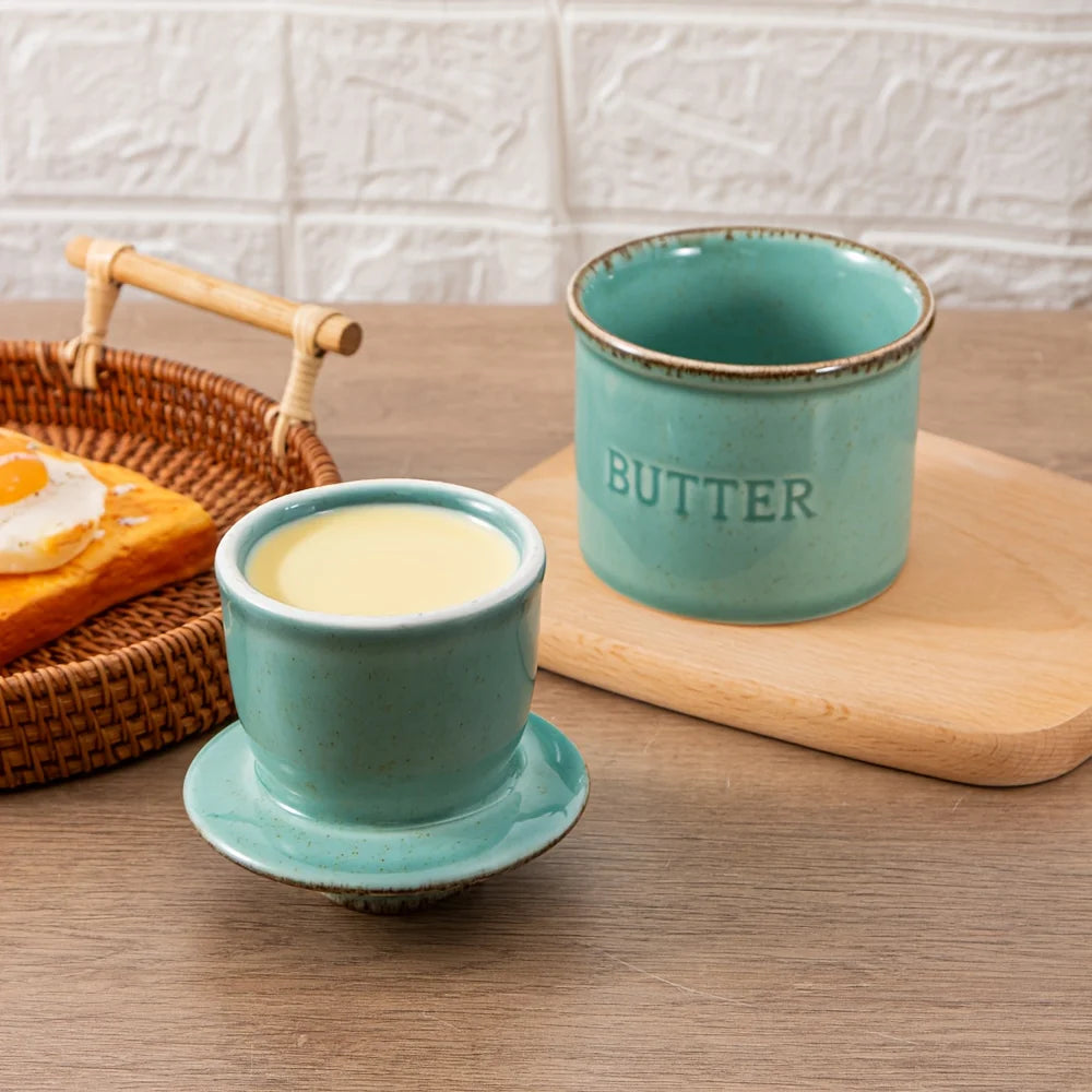 1pc ceramic yellow oil tank, unique kiln turned ceramic butter dish with lid, countertop butter storage tank