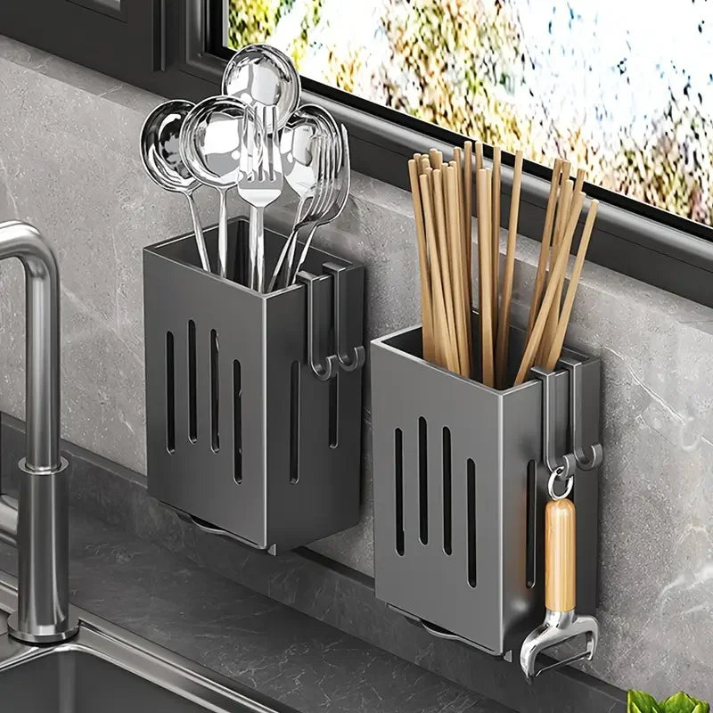 1pc/2pcs Wall-mounted Chopstick Holder Household Kitchen Sink Tableware Storage Rack Punch-free Drain with Water Tray with Hook