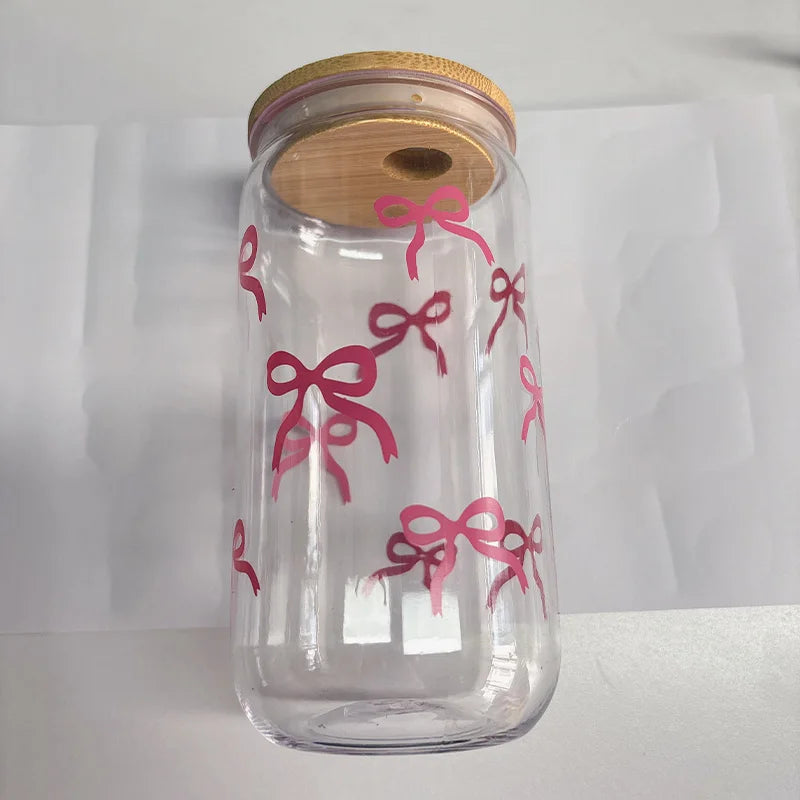 500ml Cute Bow Glass Cup Tumbler Mason Jar Shaped Water Bottle With Lids Straw Coffee Cups Party Gift for Iced Coffee Juice Cup