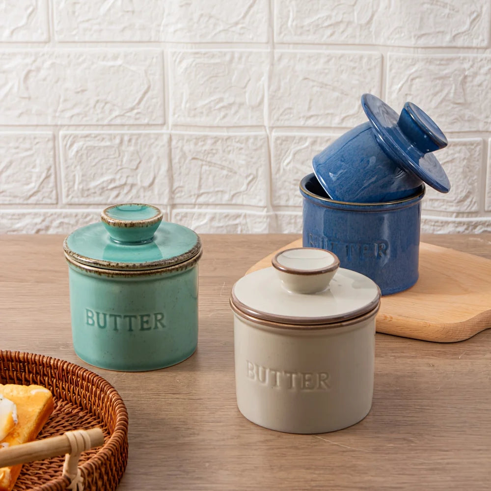 1pc ceramic yellow oil tank, unique kiln turned ceramic butter dish with lid, countertop butter storage tank
