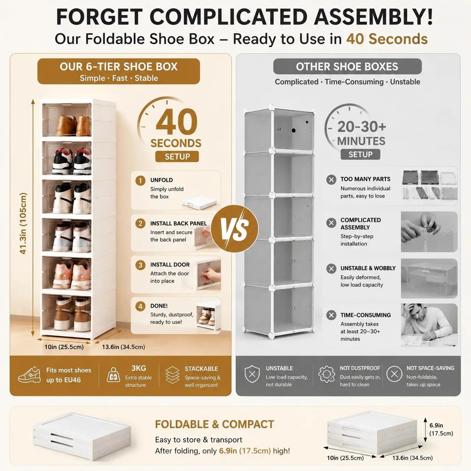 6 Layers Shoes Box Foldable Transparent Sneaker Shoe Storage Organizers Box Stackable Dustproof High-top Cabinet Shoe Rack Shelf