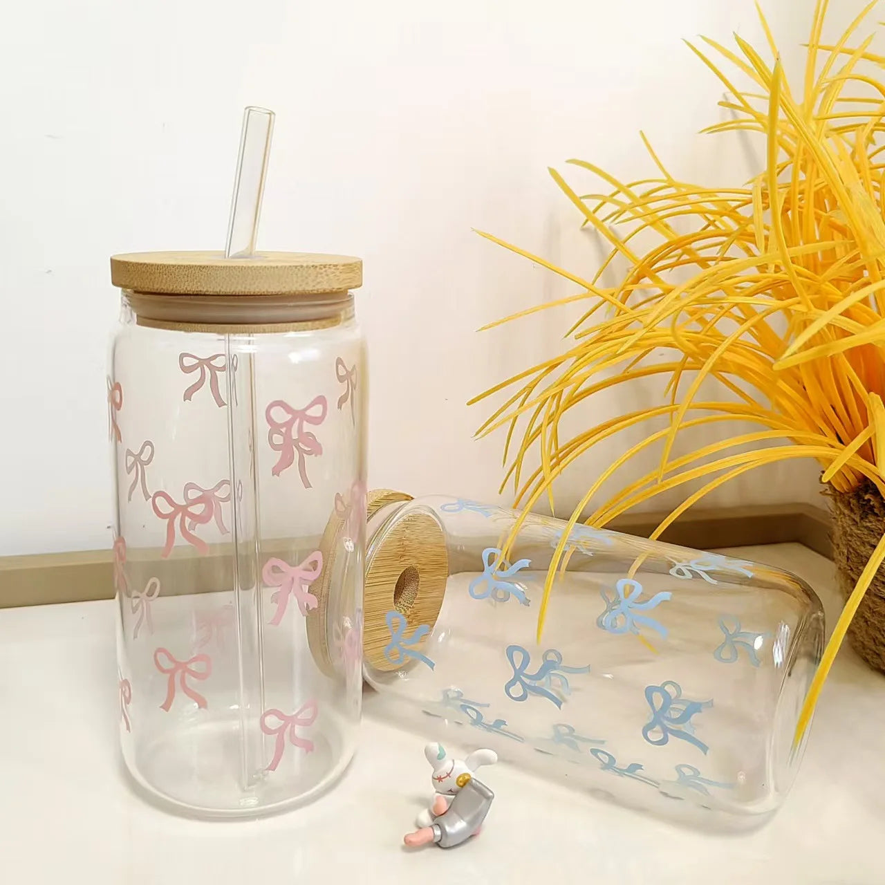 500ml Cute Bow Glass Cup Tumbler Mason Jar Shaped Water Bottle With Lids Straw Coffee Cups Party Gift for Iced Coffee Juice Cup