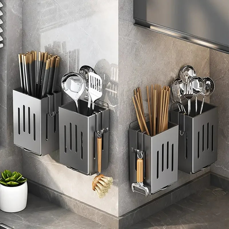 1pc/2pcs Wall-mounted Chopstick Holder Household Kitchen Sink Tableware Storage Rack Punch-free Drain with Water Tray with Hook