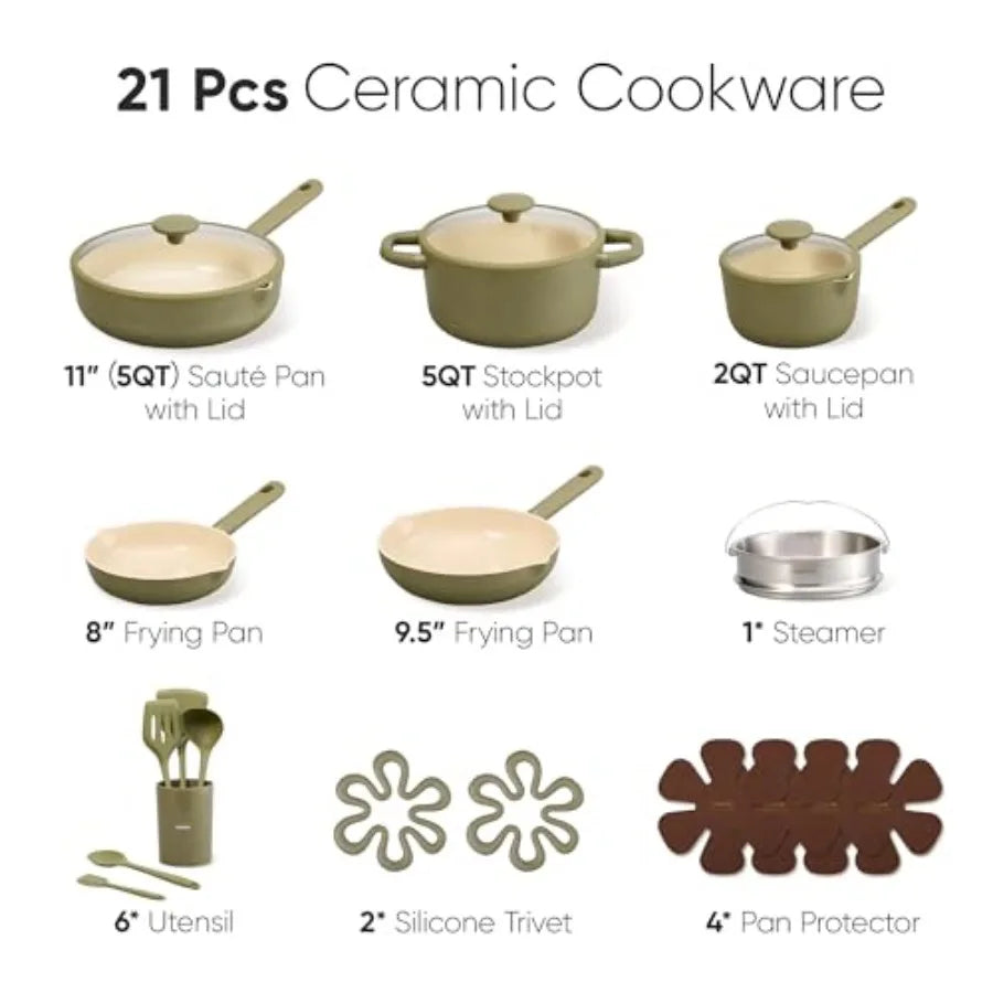 21pcs Cookware Set Nonstick Pots and Pans Set, Ceramic Cookware Set Induction Cookware, Non toxic Healthy Non Stick Kitchen Coo