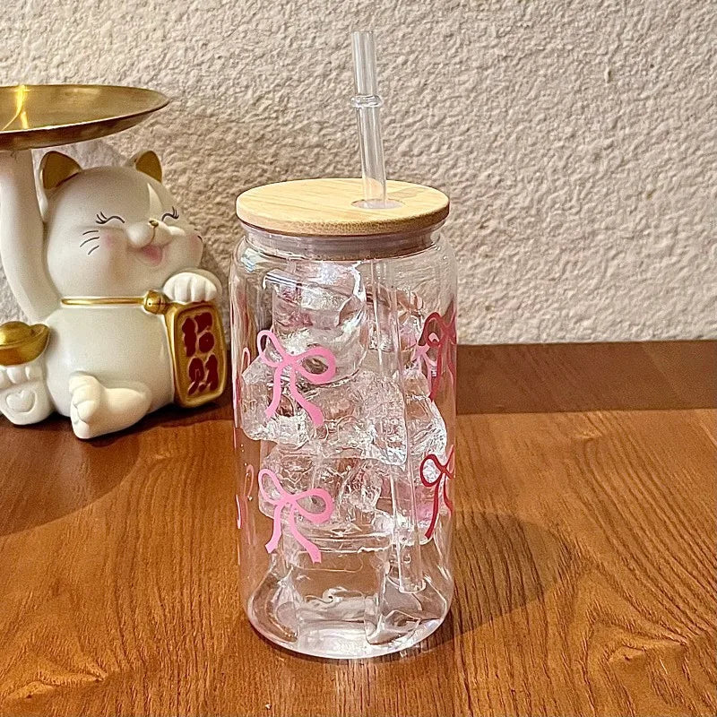 500ml Cute Bow Glass Cup Tumbler Mason Jar Shaped Water Bottle With Lids Straw Coffee Cups Party Gift for Iced Coffee Juice Cup