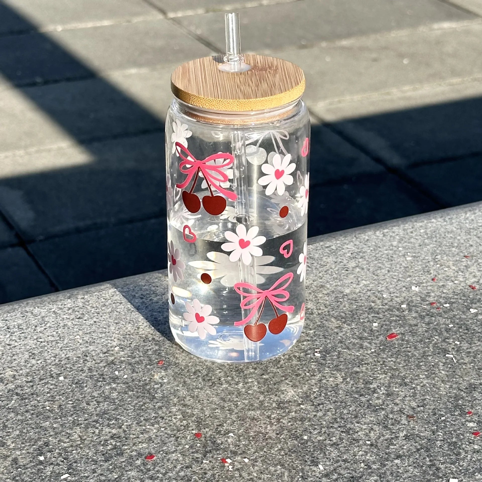 500ml Cute Bow Glass Cup Tumbler Mason Jar Shaped Water Bottle With Lids Straw Coffee Cups Party Gift for Iced Coffee Juice Cup