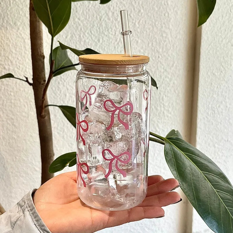 500ml Cute Bow Glass Cup Tumbler Mason Jar Shaped Water Bottle With Lids Straw Coffee Cups Party Gift for Iced Coffee Juice Cup