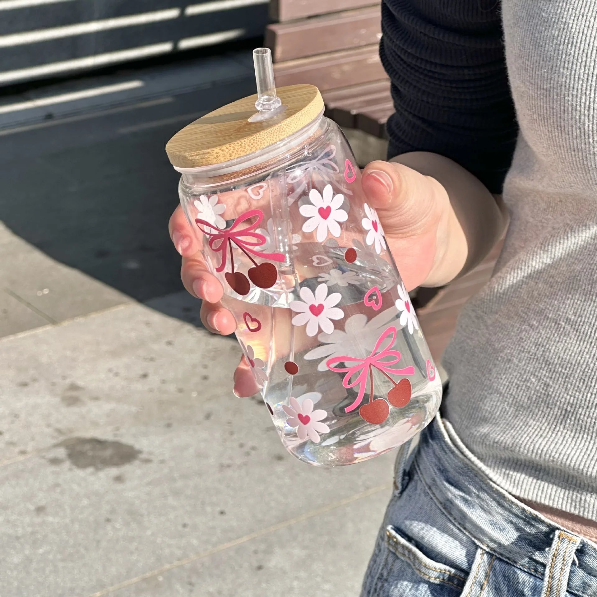 500ml Cute Bow Glass Cup Tumbler Mason Jar Shaped Water Bottle With Lids Straw Coffee Cups Party Gift for Iced Coffee Juice Cup