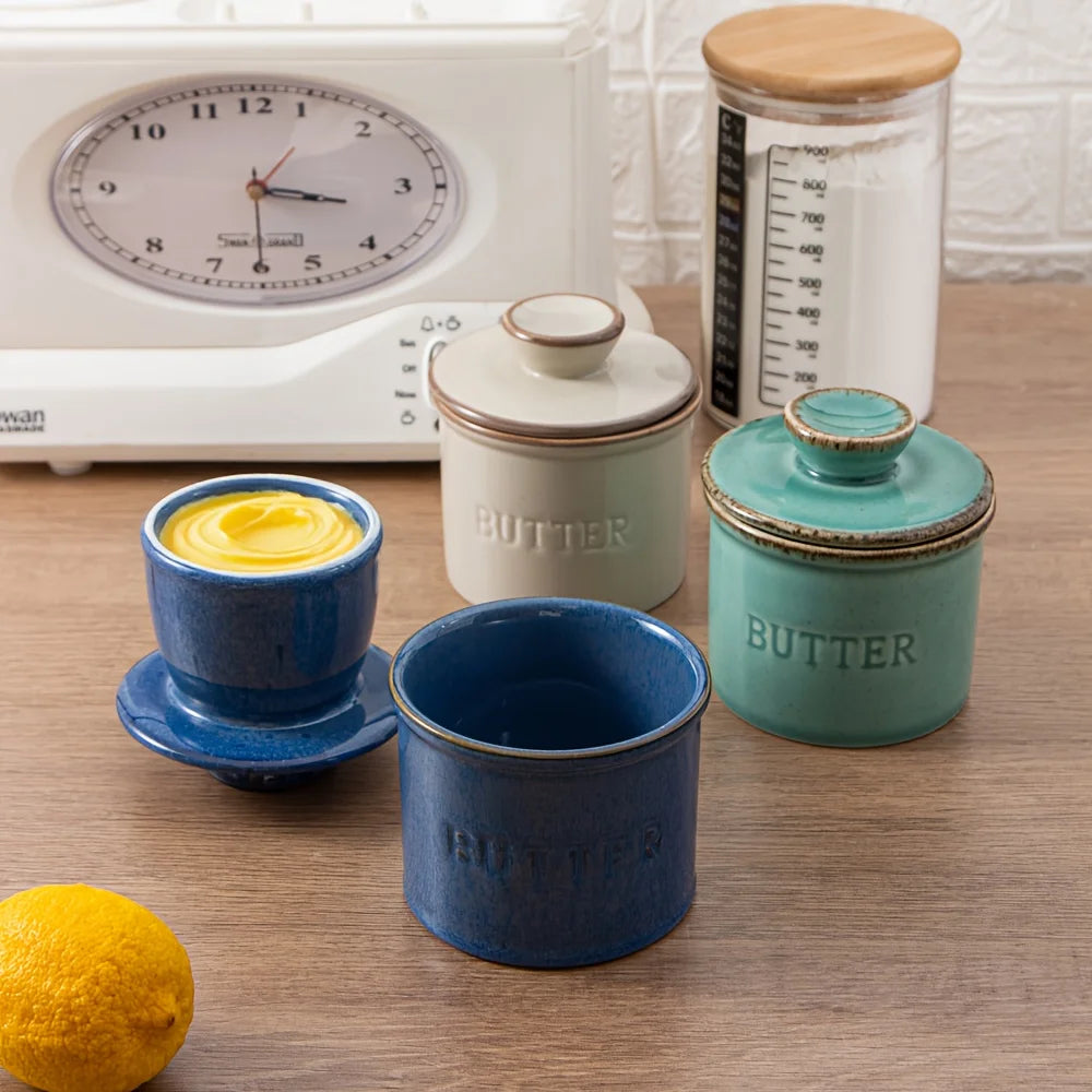 1pc ceramic yellow oil tank, unique kiln turned ceramic butter dish with lid, countertop butter storage tank