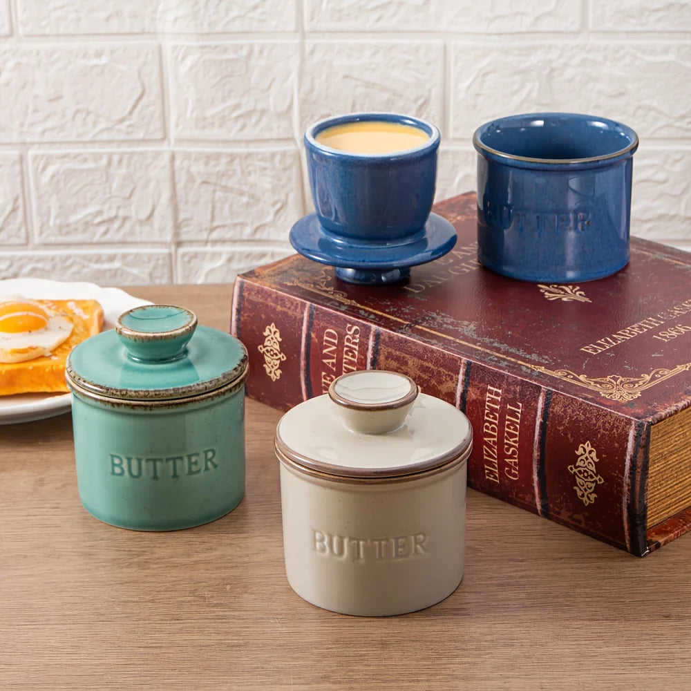 1pc ceramic yellow oil tank, unique kiln turned ceramic butter dish with lid, countertop butter storage tank