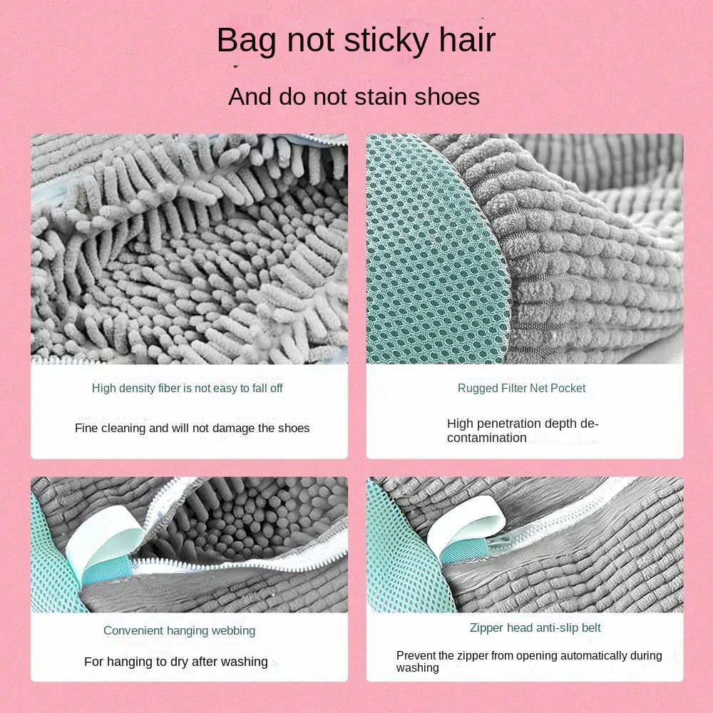 Fluffy Fiber 360 °   Surround Cleaning Shoe Washing Bag - Reusable Durable Machine-Washable Laundry Bag with Zipper Closure(1Pc)