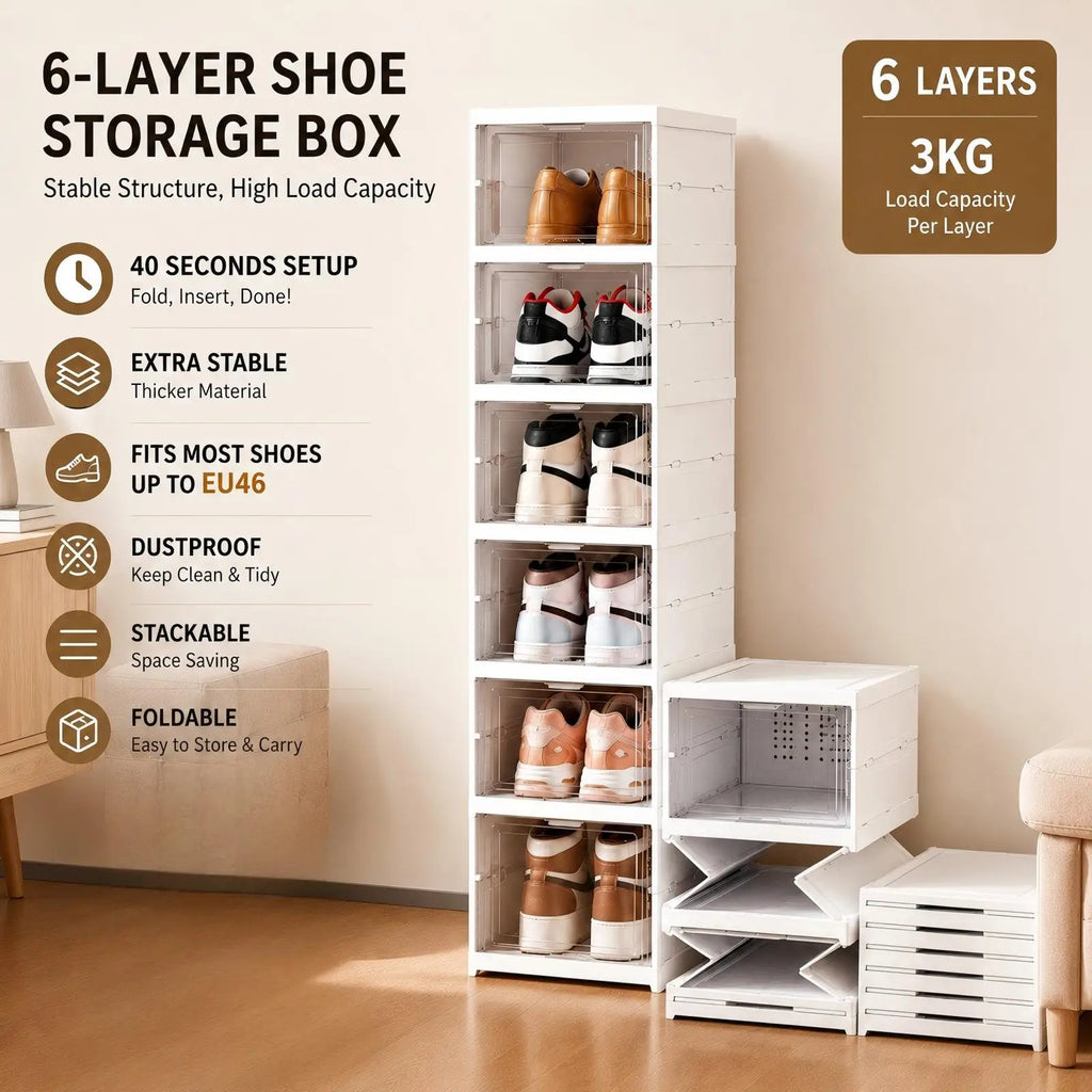 6 Layers Shoes Box Foldable Transparent Sneaker Shoe Storage Organizers Box Stackable Dustproof High-top Cabinet Shoe Rack Shelf