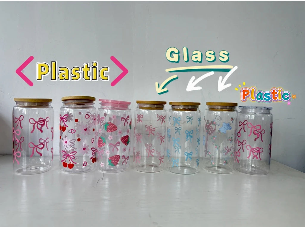 500ml Cute Bow Glass Cup Tumbler Mason Jar Shaped Water Bottle With Lids Straw Coffee Cups Party Gift for Iced Coffee Juice Cup