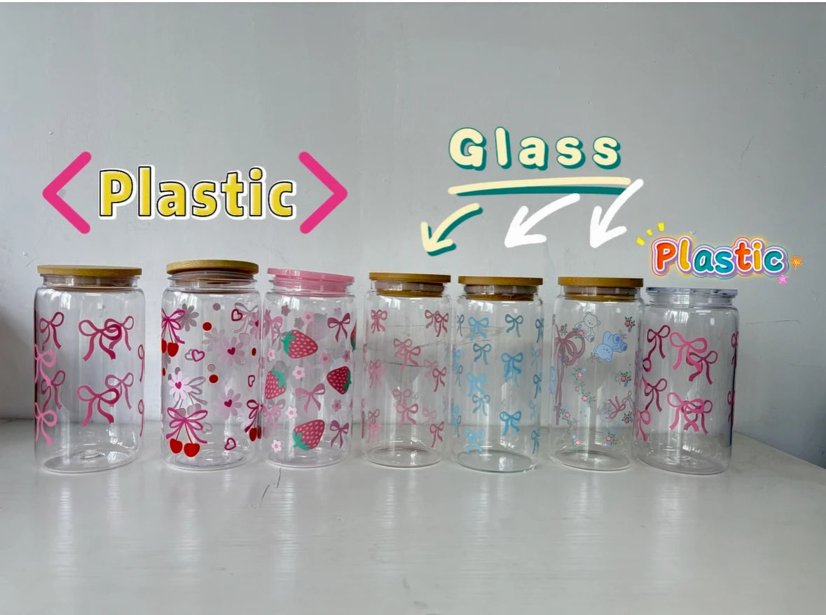 500ml Cute Bow Glass Cup Tumbler Mason Jar Shaped Water Bottle With Lids Straw Coffee Cups Party Gift for Iced Coffee Juice Cup