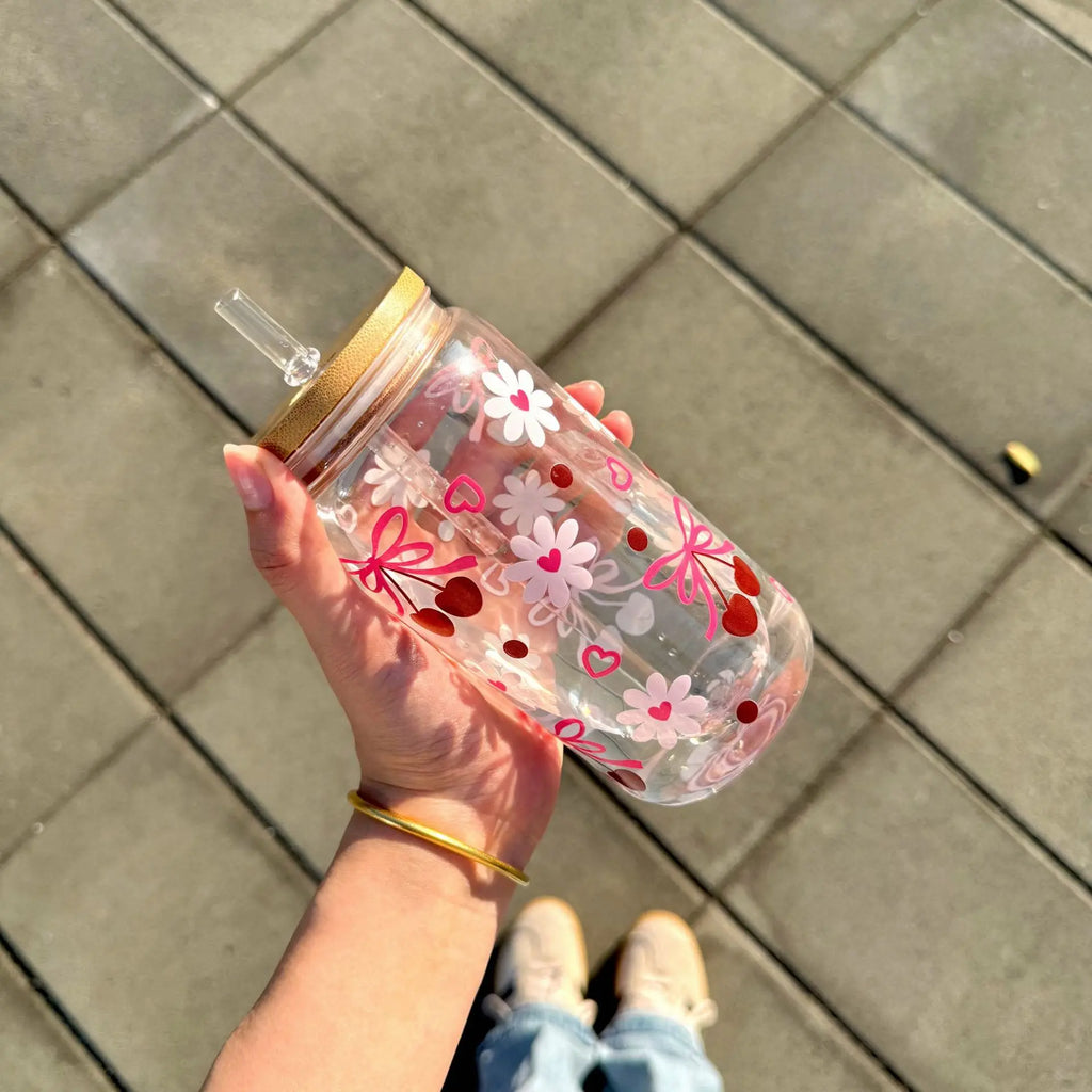 500ml Cute Bow Glass Cup Tumbler Mason Jar Shaped Water Bottle With Lids Straw Coffee Cups Party Gift for Iced Coffee Juice Cup