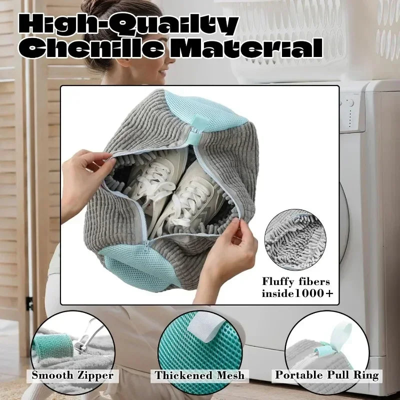 Machine Washable Shoe Washing & Drying Bag with Soft Fiber - Durable Polyester Laundry Protector for Shoes Adjustable Strap