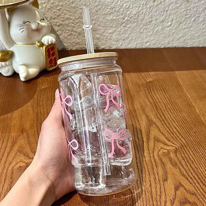 500ml Cute Bow Glass Cup Tumbler Mason Jar Shaped Water Bottle With Lids Straw Coffee Cups Party Gift for Iced Coffee Juice Cup