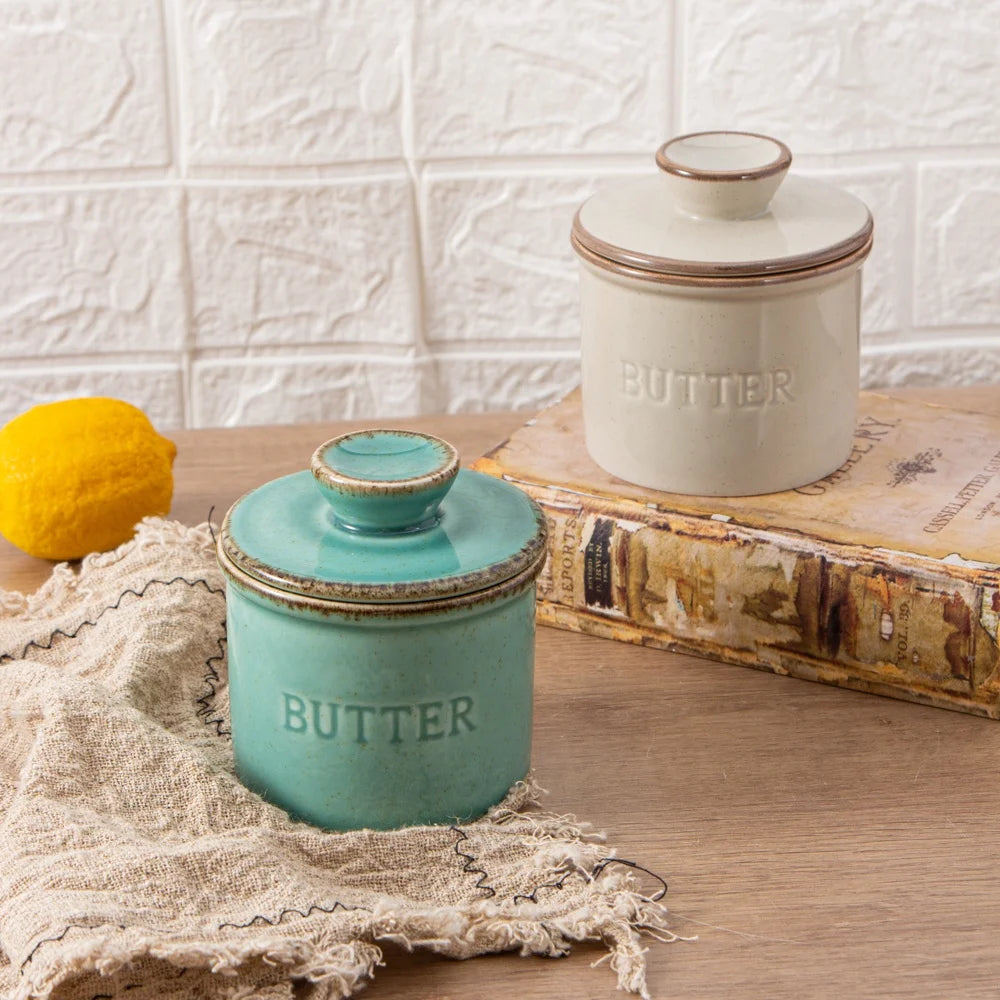 1pc ceramic yellow oil tank, unique kiln turned ceramic butter dish with lid, countertop butter storage tank