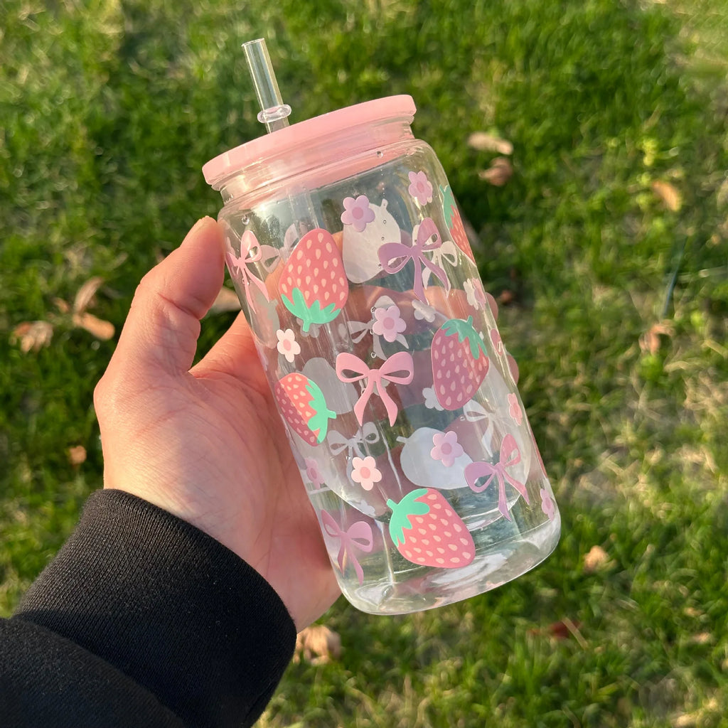 500ml Cute Bow Glass Cup Tumbler Mason Jar Shaped Water Bottle With Lids Straw Coffee Cups Party Gift for Iced Coffee Juice Cup